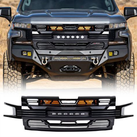 Upgrade your 2019, 2020, or 2021 Chevy Silverado 1500 with the American Modified LED Armor Grille, designed to give your truck a bold, aggressive appearance while enhancing functionality. This high-quality front grille is made from durable ABS plastic with a sleek glossy black finish, ensuring it stands up to tough road conditions while adding a striking look to your vehicle. Equipped with powerful LED off-road lights and 2 additional amber lights, this vehicle grille not only improves nighttime 2021 Chevy Silverado, Angry Expression, Truck Games, Trail Boss, Off Road Lights, Amber Lights, Installation Design, Silverado 2500 Hd, Chevy Silverado 1500