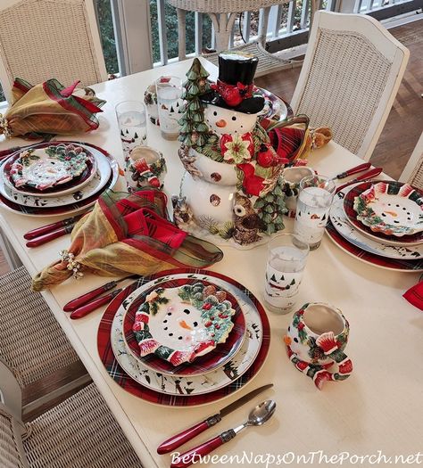 Winter Table Setting Featuring A Beautiful Christopher Radko Snowman Centerpiece Winter Table Setting, Christmas Valley, Christmas Story Movie, Spode Woodland, Winter Tablescapes, Pottery Barn Christmas, Small Snowman, Easter Craft Decorations, Winter Table