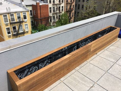 Large Rectangular Planters, Long Planter Boxes, Wood Planter Boxes, Nyc Landscape, Penthouse Rooftop, Brooklyn Rooftop, Bbq Areas, Large Planter Boxes, Custom Carpentry