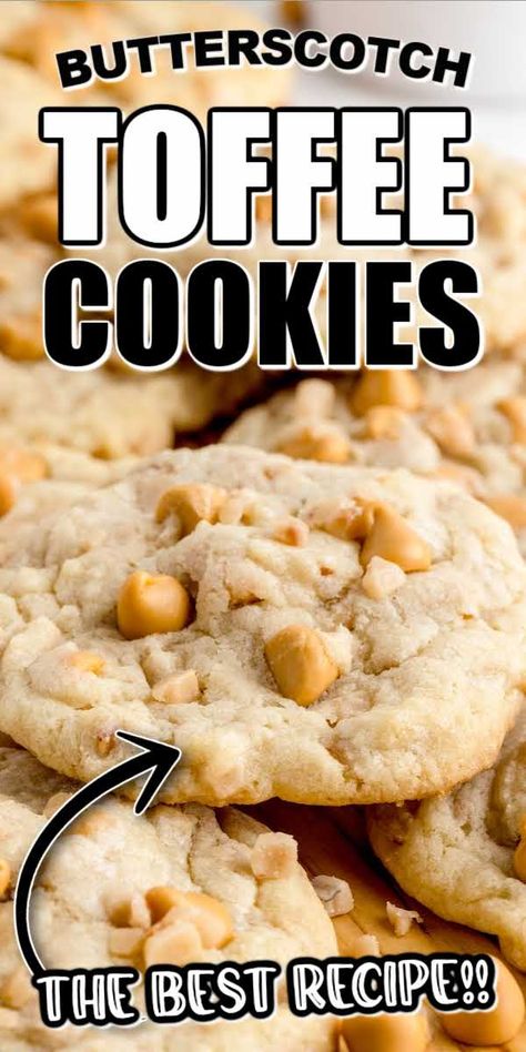 Sweet and crunchy with golden edges, but still soft in the middle, Butterscotch Toffee Cookies are made with real toffee bits and butterscotch chips. Butterscotch Toffee Cookies, Heath Bar Cookies, Butterscotch Toffee, Butterscotch Desserts, Toffee Cookie Recipe, Butterscotch Recipes, Best Fall Recipes, Crunch Cookies, Fall Favorites Recipes