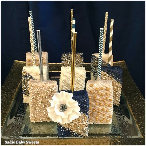 Gold Rice Krispie Treats, Pretty Rice Crispy Treats, Black And Gold Rice Crispy Treats, Gold And White Themed Birthday Party, Elegant Rice Krispie Treats, Navy And Gold Dessert Table, Gold Desserts, Dipped Rice Krispie Treats, Graduation Rice Krispie Treats