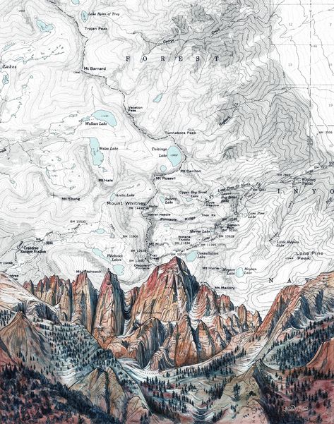 "My original Mt. Whitney Alpenglow painting on a vintage topography map is available in the following options: Matted Prints: -5x7\" print in 8x10\" mat (some cropping of the image occurs to fit this size) -8x10\" print in 11x14\" mat -12x16\" print in 16x20\" mat Matted prints are quality matte archival prints and come signed with cardboard backing in a protective plastic sleeve. Mat sizes are easy to find standard frame sizes. The image sizes are approximate and printed to fit the mat. If you Yosemite Art, Mt Whitney, Climbing Art, Topography Map, Mount Whitney, Mountain Drawing, Print Illustration, 5x7 Print, John Muir