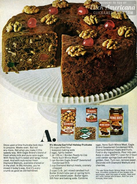 9 Minute Can't Fail Holiday Fruitcake (1969) - Click Americana 1970s Christmas, Fruitcake Recipes, Christmas Cake Recipes, Peanuts Christmas, Candied Fruit, Grandmas Recipes, Festive Treats, Cane Sugar, Sweetened Condensed Milk