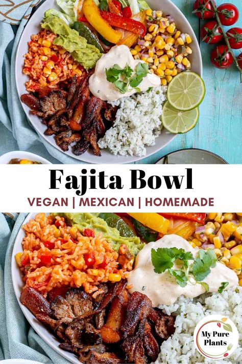 This 20-minute fajita bowl is the perfect answer to your needs for a quick yet flavorful and nutritious weeknight dinner! This easy recipe combines seasoned oyster mushrooms with colorful fajita veggies, two types of Mexican rice, a delicious corn salsa, creamy guacamole, zesty vegan Chipotle mayo, and a side of crisp lettuce to create an irresistible bowl that the whole family will love. Vegan Fajita Bowl, Fajita Recipe Vegetarian, Vegan Chipotle Bowl, Vegan Fajita, Fajita Bowl Recipe, Fajita Ingredients, Fajita Veggies, Fajita Bowl, Creamy Guacamole