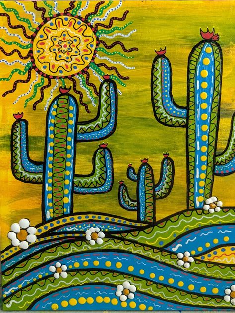 Cactus Folk Art, Cartoon Cactus Drawing, Mexican Terrace, Mexican Art Traditional, Mexican Paintings Ideas, Mexican Painted Furniture, Llama Quilt, Southwest Art Paintings, Cactus Flower Painting