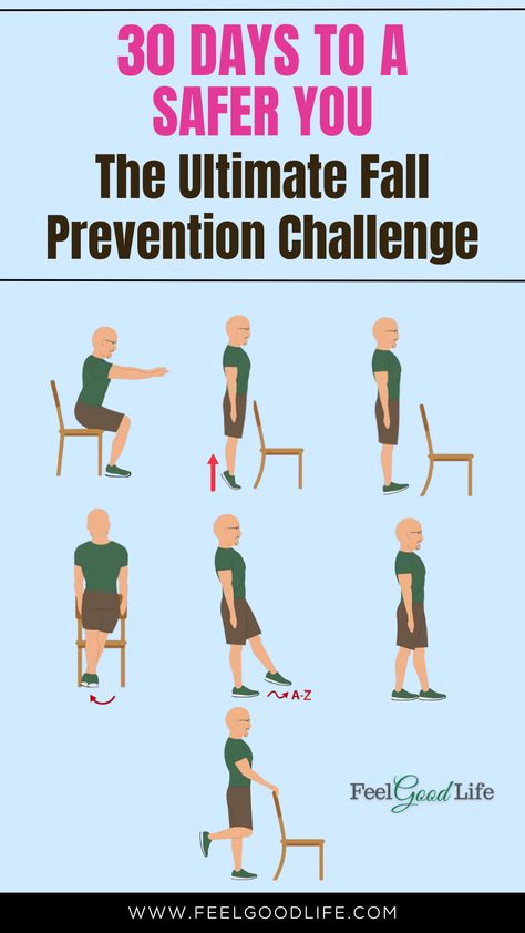 Falls can lead to severe injuries, especially as we age. Take control of your safety with our 30-day fall prevention challenge. This ultimate guide is designed to improve your balance, strength, and mobility through daily exercises and lifestyle modifications. Over the course of a month, you'll progressively challenge yourself to make changes that will decrease your risk of falls and improve your overall quality of life. Ready to stand strong? Join the challenge now! #FallFree #BalanceBoost Exercises To Prevent Falls, Fall Prevention Exercises, Beginner Workout Schedule, Chair Pose Yoga, Stability Exercises, Knee Strengthening Exercises, Balance Exercises, Fall Prevention, Back Pain Exercises