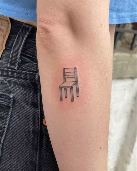 Tiny Chair Tattoo, Chair Tattoo Simple, Small Chair Tattoo, Line Work Patchwork Tattoos, Chair Tattoo Design, Rocking Chair Tattoo, Couch Tattoo, Table Tattoo, Chair Tattoo