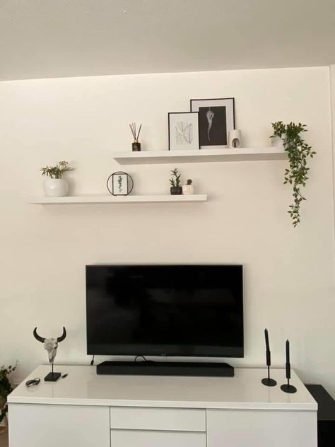 Wall Over Tv Decor, Simple Shelf Decor Bedroom, Shelf Over Tv Bedroom, 2 Floating Shelf Decor Living Room, Ikea Tv Wall Unit Ideas Bedroom, Living Room Tv Shelf Design, Over Tv Shelf Decor, Decor Around Tv On Wall Bedroom, Shelf Decor Living Room Tv