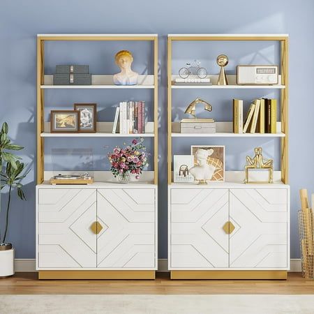 White and Gold Bookshelf with Doors: 70.9 Inches Tall Etagere Bookcase with 3 Shelves 2 Cabinets, Modern Open Display Book Shelves with Metal Frame for Living Room Bedroom Office Size: 2PCS. Apartment Bookshelves, Bookshelf With Doors, Gold Etagere, Bedroom Bookshelves, Gold Bookshelf, Display Bookshelf, Bookshelf Door, Delicate Aesthetic, White And Gold Decor