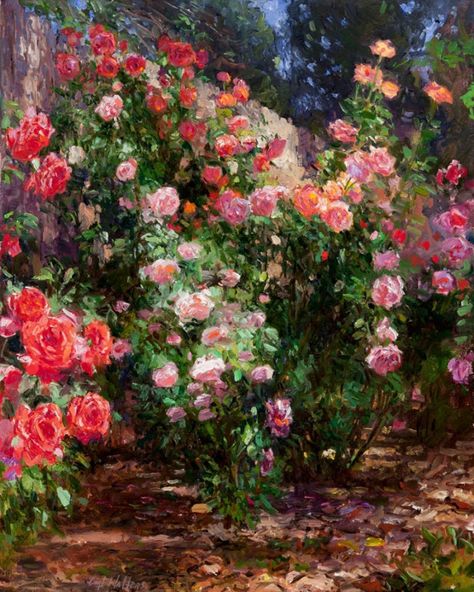 Rose Garden Painting Acrylic, Rose Garden Drawing, Rose Bush Painting, Rose Garden Painting, Rose Fence, Garden Paintings, Painting Roses, Art Oil Paintings, American Landscape