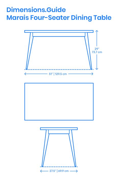 The Marais Dining Table is a galvanized steel table that celebrates industrial materials, processes, and craft. Designed to accompany Xavier Pauchard’s iconic Marais A Chair, the Marais Dining Table (Four-Seater) has a length of 51” | 129.5 cm, width of 27.5” | 69.9 cm, and height of 29” | 73.7 cm. Downloads online #furniture #tables #dining #design Table Dimensions Dining, Coffee Table Dimensions Cm, Dining Table Dimensions Cm, Dining Table Elevation, Table Blueprints, Dining Table Plan, Blueprint Table, Four Seater Dining Table, Dining Table Plans