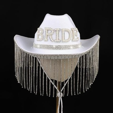 sparkly cowboy hat for any bride #bride #brideaccessories #bridalaccessories #western #westernbride #westernwedding #ad #westernbachelorette #bridecowboyhat Western Bride Hat, Bachelorette Outfits For Bride, Sparkly Cowboy Hat, Bride Cowboy Hat, Outfits For Bride, Fringe Accessories, Rhinestone Hat, Western Bachelorette, Bridal Party Outfit