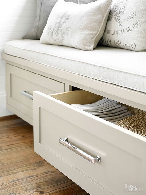 You don't have to sacrifice design in a tight space. This cozy banquette offers integrated storage for table linens in its two full-depth drawers. Banquette Seating With Storage, Seating In Kitchen, Banquette Ideas, Built In Bench Seating, Kitchen Storage Bench, Corner Banquette, Banquette Seating In Kitchen, Banquette Bench, Banquet Seating