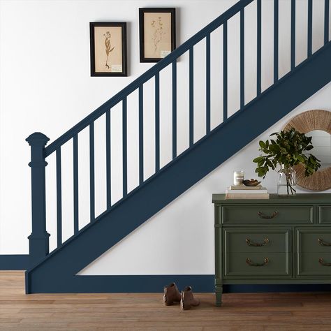 Painted Banister Ideas, Painted Banister, Banister Ideas, Painted Stair Railings, Exterior Home Renovation, Diy Stair Railing, Stairs Colours, Ski House Decor, Painted Staircases