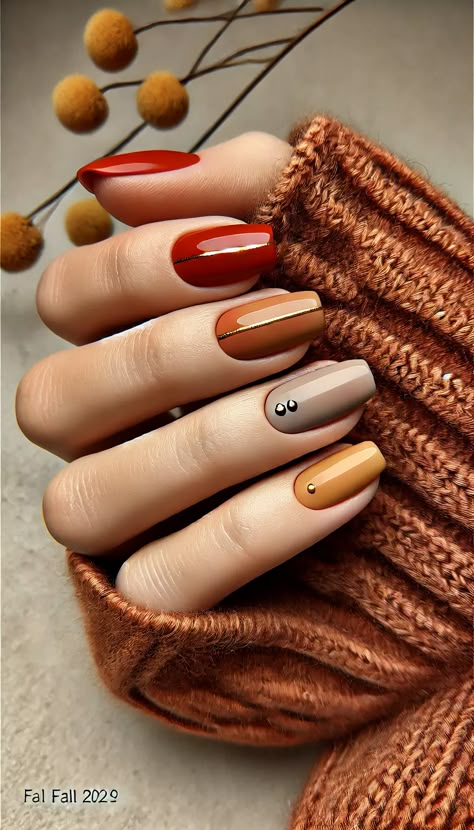 Hand with fall-inspired nails in warm colors, featuring minimalist gold accents, on a neutral background. Rust Nail Color, Rust Nails Design, Orange Tip Nails, Chic Nail Designs, Fall Gel Nails, Minimalist Nail Art, Spring Nail Designs, Metallic Nails, Fall Nail Art