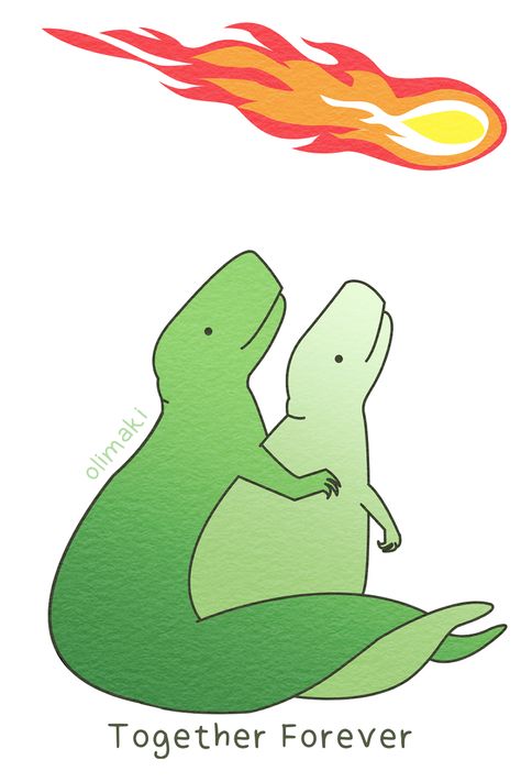 A sad cartoon drawing of two cute, little pastel green dinosaurs in love, hugging while watching an asteroid impact for valentines day. You can buy them as stickers, pins, mugs, apparel (T-shirts, hoodies, masks, socks, accessories) in my Redbubble shop: https://www.redbubble.com/people/olimaki/shop. 
Vday is close, so hurry up! Cute Dinosaur Drawing Couple, Dinosaur Asteroid Drawing, Dinosaur In Love, Valentine Drawings, Dinosaurs In Love, Asteroid Impact, Love Hugging, Love Dinosaur, Dino Love