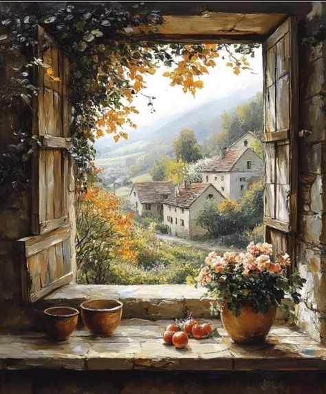 Italian Scenery, Scenery Art, Dream Painting, Italian Landscape, Cottage Art, Great Paintings, Open Window, Purple Wallpaper, Beautiful World