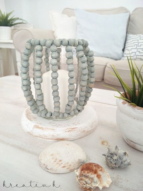 15 DIY Projects to get the Farmhouse Look - A Wonderful Thought Wooden Bead Crafts, Wooden Beads Crafts, Diy Wood Lanterns, Diy Candle Centerpieces, Diy Projects To Make And Sell, Wood Beads Diy, Farmhouse Beads, Beaded Lampshade, Beaded Items