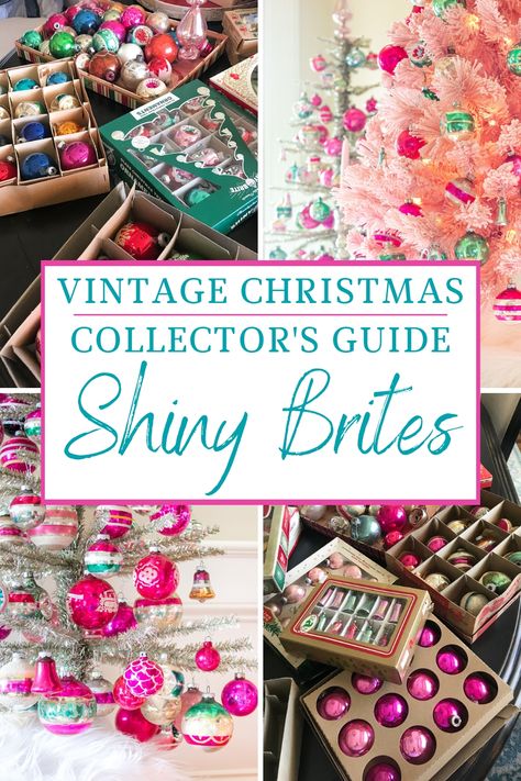 Shiny Brite ornaments and other vintage glass Christmas ornaments have skyrocketed in popularity. No matter the size of your collection, you'll find lots of inspiration for showcasing these beautiful and collectible ornaments. In this collector's guide to vintage Christmas ornaments, you'll also learn the history of Shiny Brites, the best places to find them and how to care for the ornaments so they last for generations to come. Shiny Brite Ornaments 1950s Christmas, Vintage Christmas Collections, Display Vintage Ornaments, How To Decorate A Vintage Christmas Tree, Shiny Bright Christmas Ornaments, Vintage Shiny Brite Ornaments, Vintage Ornament Tree, Shiny Brite Christmas Tree, Vintage Glass Christmas Ornaments