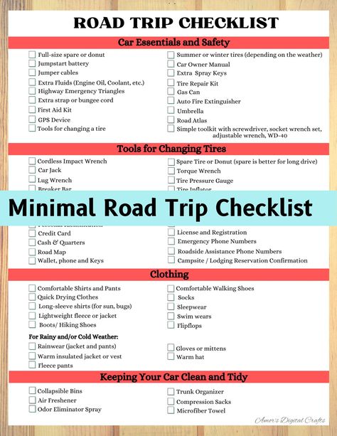 Digital Road Trip Checklist Complete Easy to Follow - 1 Page Back to Back! Never forget any Road Trip Necessities! Crafted from Personal Exp #CarMods Roadtrip Checklist, Packing List For Road Trip, Basic Camping Checklist, Trip Necessities, Road Trip Necessities, Road Trip Printables, Trip Checklist, Road Trip Checklist, Travel Packing Checklist