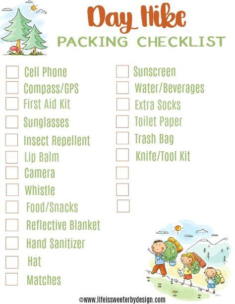 day trip hiking checklist Hiking List, Hiking Checklist, Hiking Day Pack, Kids Checklist, Travel Packing Checklist, Vacation Packing List, Hiking Staff, Day Hiking, Hiking Essentials