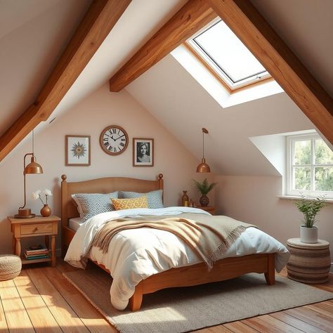 Make your attic bedroom warm and inviting with skylights that allow natural light to fill the space 🌞 #atticretreat #cozybedroom Attic Sloped Ceiling Bedroom, Bedroom With Skylight, Finished Attic Bedroom, Bedroom Slanted Ceiling, Low Ceiling Attic Bedroom, Cozy Attic Bedroom, Low Ceiling Attic, Sloped Ceiling Bedroom, Vaulted Ceiling Bedroom