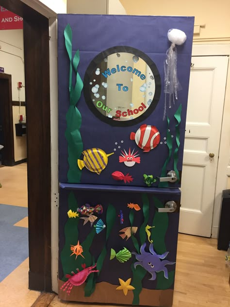 Ocean Themed Elementary School Door Decor Mermaid Door Decorations Classroom, Sea Animal Classroom Decor, Aquarium Door Decoration, Classroom Ocean Theme Decorations, Ocean Window Display Classroom, Dive Into Reading Door Decoration, Undersea Classroom Theme, Ocean Theme For Classroom, Submarine Door Decoration