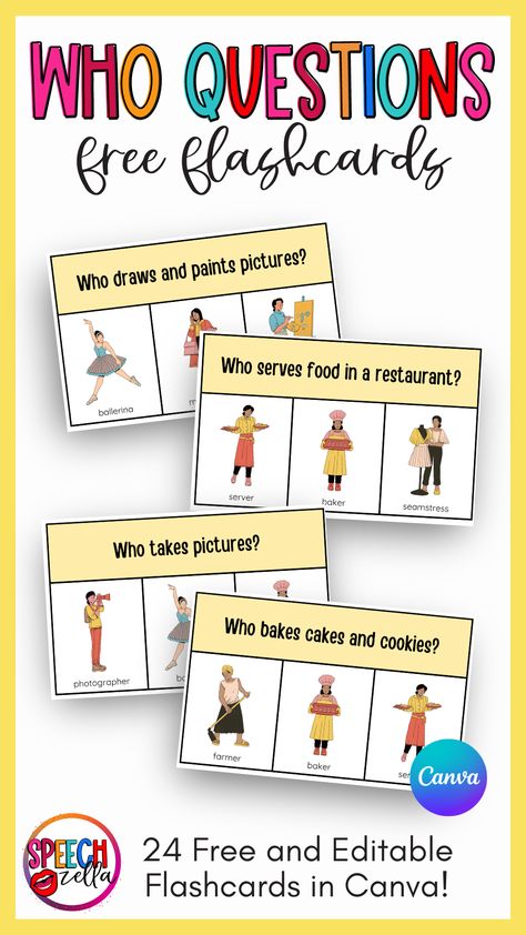 Looking for a fun, creative, and interactive activity to add to your speech therapy routine? Our 'Who' questions flashcards are the perfect solution! Editable, printable and free of charge, these flashcards will keep your students engaged with stimulating speech exercises. Get ready to transform your therapy sessions, one 'Wh' at a time! Wh Questions Speech Therapy Free, Who Questions Speech Therapy, Speech Therapy Worksheets Free Printable, Who Questions Worksheet, Speech Exercises, Wh Questions Speech Therapy, Speech Therapy Free, Aac Activities, Wh Questions Activities