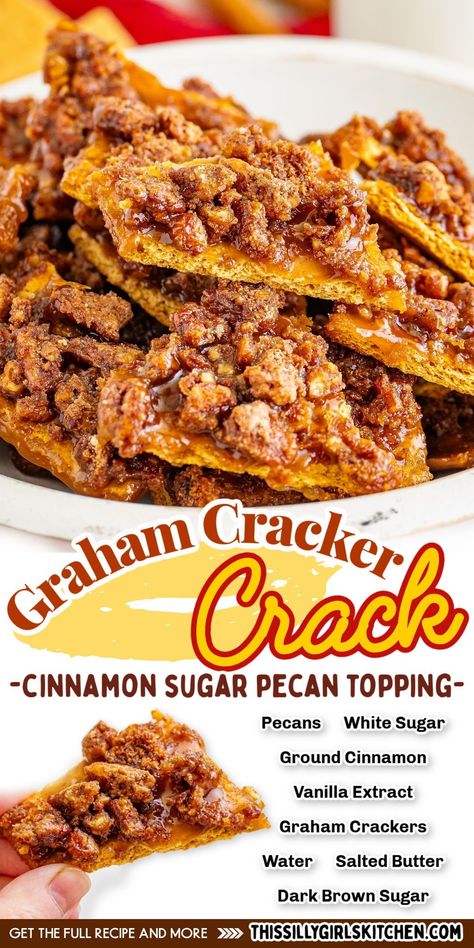 This Cinnamon Sugar Graham Cracker Crack from This Silly Girl's Kitchen is perfect for just about any occasion. The best thing about this recipe? It’s incredibly easy to make. With a few simple steps and ingredients, you’ll whip up one of the easiest desserts you’ve ever made – totally the perfect treat. Graham Cracker Recipes Desserts, Pecan Toffee Bars, Pecan Toffee, Sweet Chex, Graham Cracker Toffee, Easiest Desserts, Cinnamon Sugar Recipes, Cracker Dessert, Crackers Appetizers