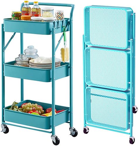 AmazonSmile: Asunflower Foldable 3 Tier Rolling Cart Utility Folding Storage Cart with Handle, Free Installation Rolling Cart Metal Mobile Storage Organizer Cart with Wheels for Teachers, Teal : Office Products Kitchen Utility Cart, Kitchen Trolley Cart, Folding Shopping Cart, Metal Cart, Organization Cart, Kitchen Storage Cart, Cart With Wheels, Rolling Storage Cart, Large Kitchen Island