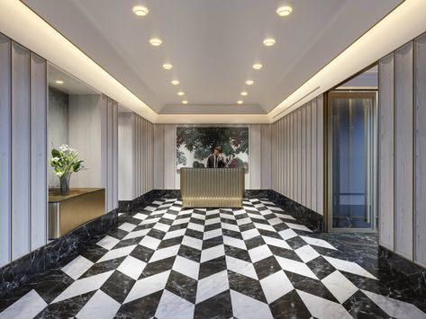 NYC LUXURY REAL ESTATE NEWS- THE LATEST DEBORAH BERKE PROJECT Art Deco Lobby, Marble Inlay Designs, Marble Inlay Floor, Marble Floor Pattern, Art Deco Style Interior, Inlay Flooring, Nyc Luxury, Dubai Holidays, Lobby Reception