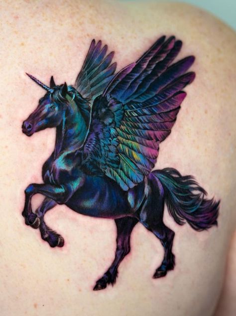 Dragon And Stars Tattoo, Black Unicorn Tattoo, Unicorn Tattoo Ideas Unique, Pegasus Tattoo Women, Dark Unicorn Tattoo, Unicorn Tattoo Ideas, Pegasus Tattoo, Dark Unicorn, Unicorn Tattoo