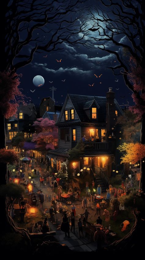 Halloween party in the neighbourhood🕸️🍂 halloween #spooky #horror #spookyseason #october #happyhalloween #art #pumpkin #trickortreat #fall #halloweendecor #scary #autumn #horrormovies #halloweenparty #halloweenparty #halloweenwallpaper #halloweenbackground Halloweentown Art, Halloween Town Wallpaper, Halloween Town Aesthetic, Party City Halloween, Town Drawing, Autumn Adventures, Halloween City, Phone Customization, Art Pumpkin