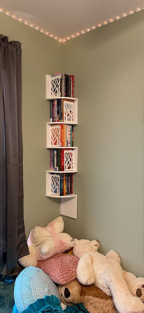 Amazon.com: VASAGLE Corner Shelf, 5-Tier Floating Wall Shelf with Zigzag Design, Bookshelf, Rustic Brown ULBC72BX : Home & Kitchen Book Shelf On The Wall, Small Book Shelf With Storage, Bedroom Corner Shelf Ideas, Book Rack Ideas Small Spaces, Corner Wall Bookshelf, Book Wall Shelf Ideas, Book Shelf Floating, Book Shelf In Room, Corner Wall Bookshelves