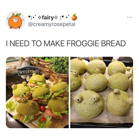 Frog Bread, Bread Cottagecore, Eat That Frog Book, Bread Meme, Frog Food, Bread Memes Funny, Edible Crafts, Kawaii Food, Fun Baking Recipes