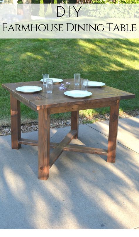 Build your own X Base Square Farmhouse Dining Table with these simple free plans from Bitterroot DIY. #farmhousediningroom #farmhousetable #modernfarmhousetable #beginnerwoodworking #farmhousekitchen Farmhouse Kitchen Table Square, Small Diy Dining Table, Diy Kitchen Table Square, Diy Small Farmhouse Kitchen Table, Small Diy Kitchen Table, Diy Square Outdoor Dining Table, Diy Kitchen Table Ideas, Diy Square Table, Diy Square Dining Table