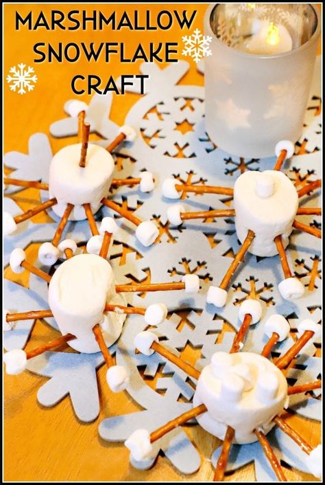 Marshmallow Snowflake Craft -Snow Day Fun! Snowflake Snacks For Preschool, January Learning Activities For Kids, Winter Preschool Snack Ideas, Weather Cooking Activities Preschool, Marshmallow Crafts Preschool, Weather Themed Snacks, Prek Cooking Activities, Marshmallow Snowman Craft, Cooking Activities For Preschoolers