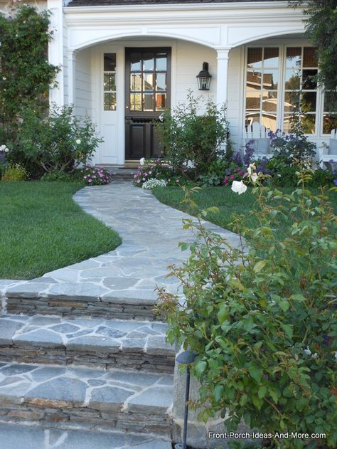 Gorgeous curved natural stone #walkway and beautiful landscaping make this home a beauty! Shared on Front-Porch-Ideas-and-More.com #walkwayideas #porchlandscaping Front Walkway Landscaping, Front Yard Walkway, Porch Landscaping, Walkway Landscaping, Walkway Design, Patio Steps, Pathway Landscaping, Walkways Paths, Front Walkway