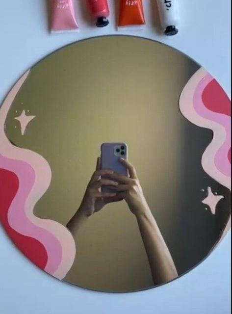 Long Mirror Painting Ideas, Mirror Painting Ideas, Round Mirror Decor, Long Mirror, Handmade Mirror, Mirror Paint, Circle Mirror, Mirror Frame Diy, Mirror Decal