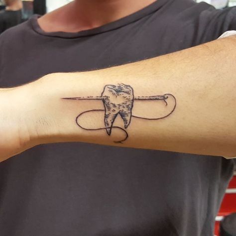 Thread tooth needle rad! #tattoo Tooth Tattoo, Bone Tattoo, Occult Tattoo, Teeth Art, Bone Tattoos, Spooky Tattoos, Tattoo Meaning, Tattoo Trends, Symbolic Tattoos