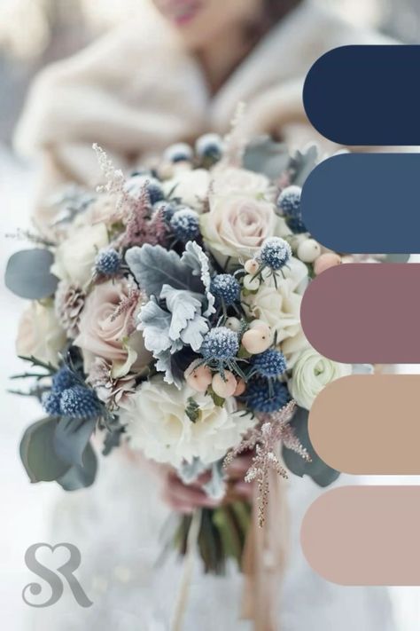 Dusty Blue Color Scheme Wedding, Dark Navy Wedding Color Palettes, Unique Winter Wedding Colors, Rare Wedding Color Schemes, Wedding Color Schemes January, Winter Wedding Pallet, Mauve Winter Wedding, Wedding Colour Palettes Autumn, March Wedding Ideas Colors