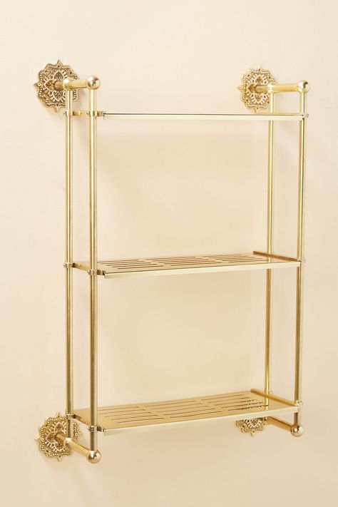 Brass Shelving, Wall Mounted Shelving, Wall Mounted Shelving Unit, Bathroom Wall Shelves, Mounted Shelves, Gold Bathroom, Tiny Bathroom, Small Bathroom Decor, Wall Mounted Shelves