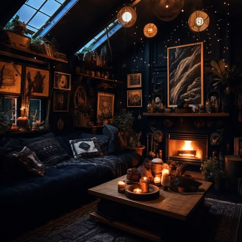 Fantasy Living Room Aesthetic, Whismgothic Living Room, Witch Core Living Room, Witchy Sitting Room, Witchy House Aesthetic Living Room, Dark Achadamia, Wizard Aesthetic Room, Cozy Witchy Living Room, Whimsigoth Decor Living Room