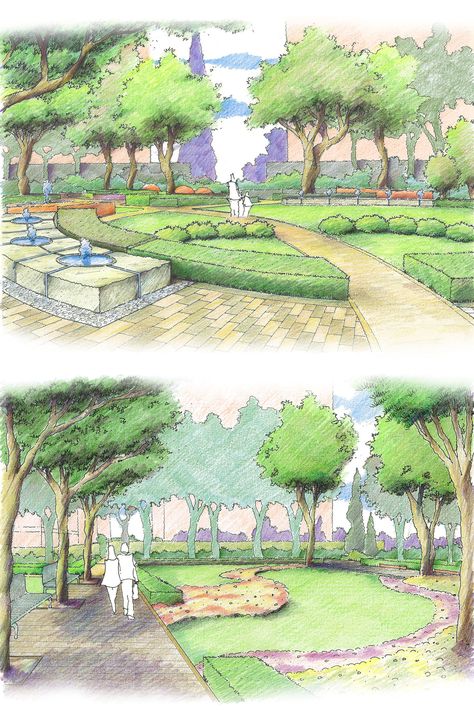 Landscape Design Perspective, Perspective Drawing Landscape, Garden Landscape Drawing, Landscape Architecture Design Sketch, Landscape Architecture Sketch, Backyard Drawing, Park Sketch, 3d Landscape Design, Perspective Landscape