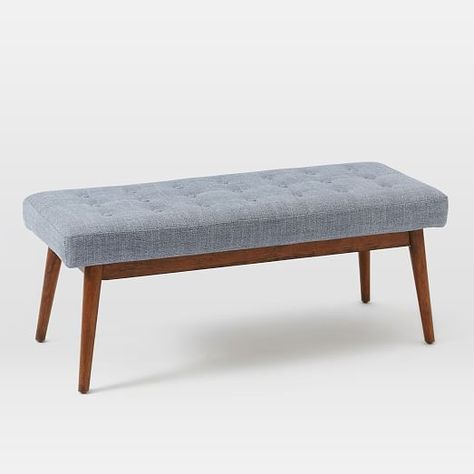 Mid-Century Upholstered Bench | west elm Footboard Bench, Grey Bench, Modern Bedroom Furniture Sets, Diy Mid Century Modern, Hallway Storage Bench, Diy Mid Century, 60s Furniture, Mid Century Bench, Mid Century Bedroom