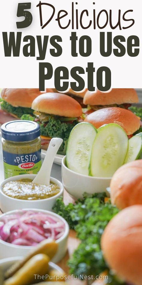 Learn 5 delicious and creative ways to use pesto in your dishes. Pesto marinated chicken and pizza all make the list. Ways To Use Pesto, Pesto Uses, Pesto Dishes, White Pizza Sauce, Green Pizza, Sausage Stuffed Mushrooms, Green Pesto, Pesto Pizza, Creamy Pesto