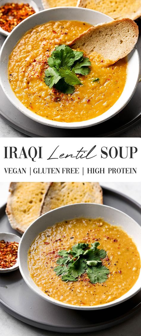 Iraqi Lentil Soup (Vegan) Soup Recipes Healthy Lentil, Thick Lentil Soup, Easy Iraqi Recipes, Iranian Lentil Soup, African Lentil Soup, Blended Lentil Soup, Persian Lentils, Lentle Soup Recipes, Iraqi Lentil Soup Recipe