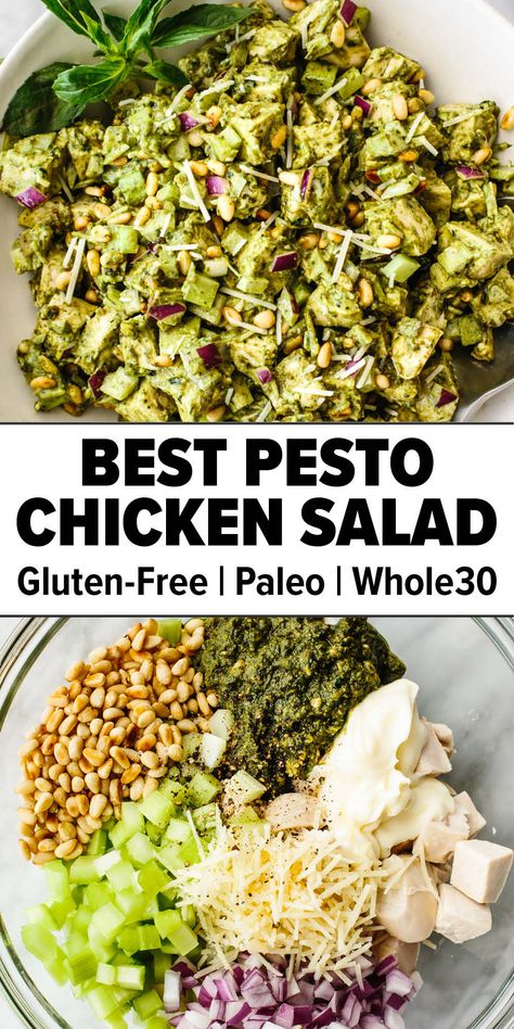 Basil pesto chicken salad Whole 30 Basil Recipes, Healthy Pesto Salad, Pesto Chicken Salad Wrap, Chicken Pesto Salad Recipes, Pesto Bowl Recipe, Basil Pesto Chicken Salad, Whole30 Salad Recipes, Pesto Dinner Recipes Healthy, Healthy Pesto Meals