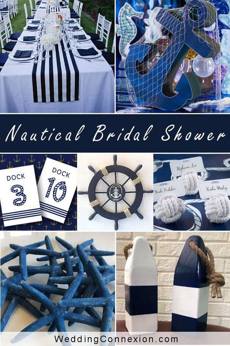 If you plan on having a nautical themed wedding, a nautical bridal shower is the perfect lead-in! And even if you have a completely different theme for your wedding this makes for a super fun, creative and festive bridal shower. From ‘Let’s Get Nauti’ tank tops to sailor hats, this is a wonderful choice to celebrate your bride-to-be! WeddingConnexion.com Lakeside Bridal Shower Ideas, Bridal Shower Nautical Theme, Lake Themed Bridal Shower Ideas, Lake Bridal Shower Ideas, Sailor Wedding Theme, Nautical Bridal Shower Ideas, Nautical Bridal Shower Decorations, Themed Bridal Shower Ideas, Nautical Wedding Reception