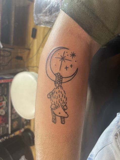 possum moon tattoo Cute Opossum Tattoo, Cottagecore Tattoo Sleeve, Opossum Tattoo Simple, Opossum Tattoo Cute, Matching Possum Tattoos, Small Possum Tattoo, Matching Raccoon Tattoo, Possum Tattoo Design, Cryptid Tattoos